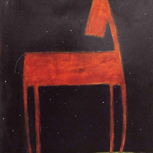 Abstract painting of a brown horse in a green field at night. Tiny white stars dot the sky.
