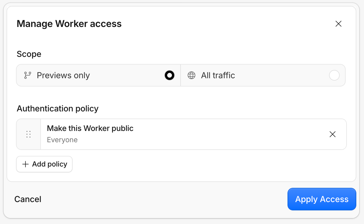 Manage Worker access dialog showing a Make this Worker public bypass policy.