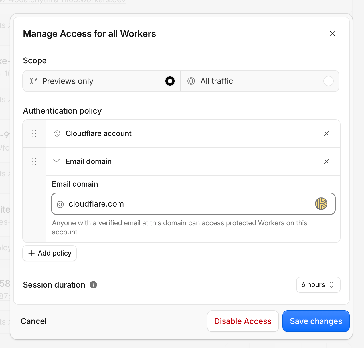 Manage Access for all Workers dialog showing traffic scope and policy options.