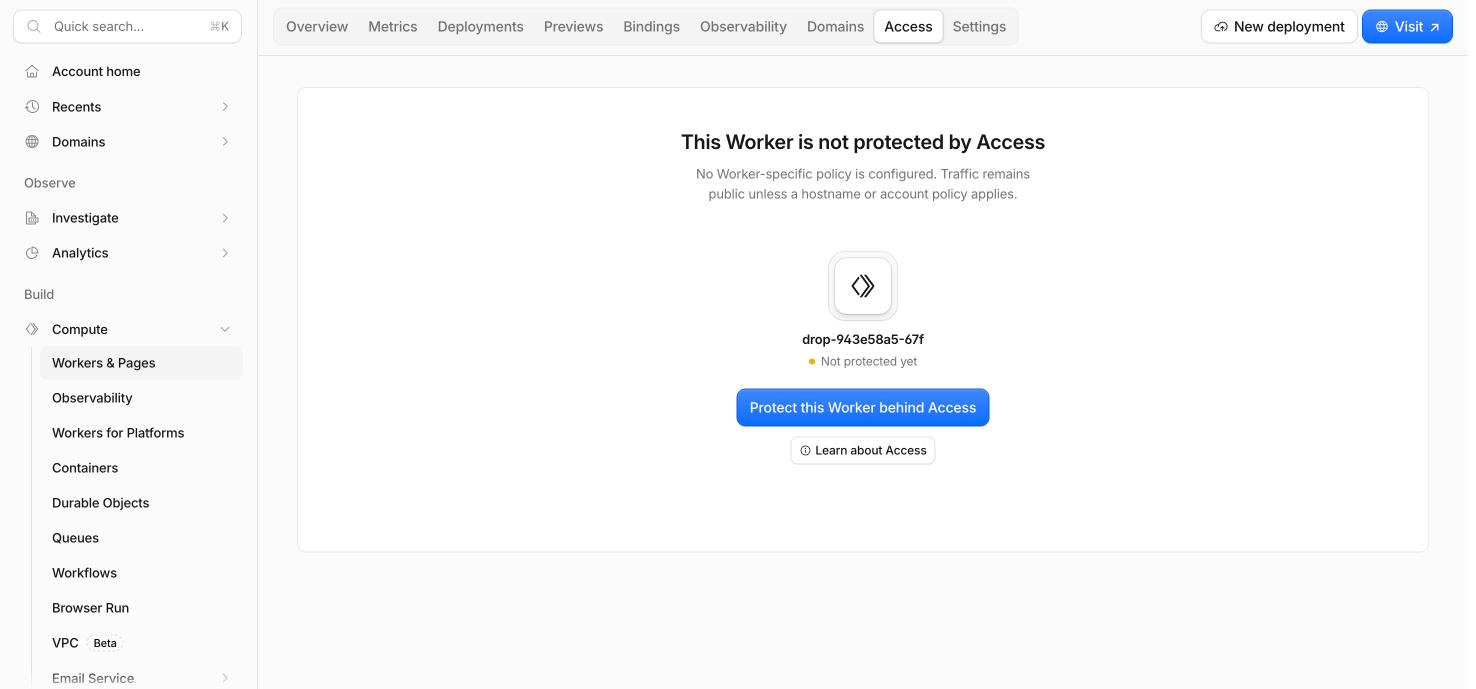 Worker Access tab showing an unprotected Worker and the Protect this Worker behind Access button.