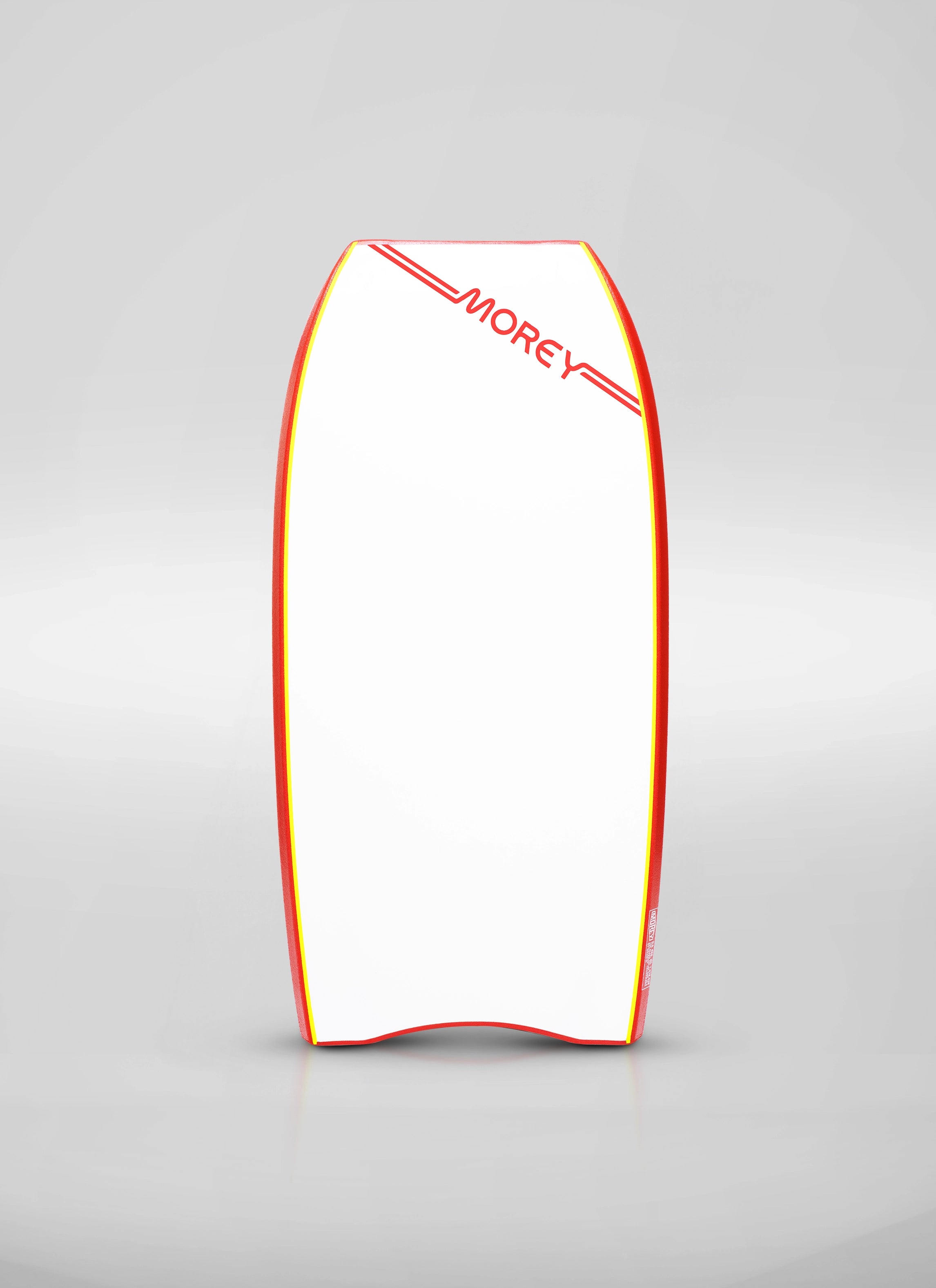 White bodyboard with red and yellow rails and Morey logo, isolated on gray background