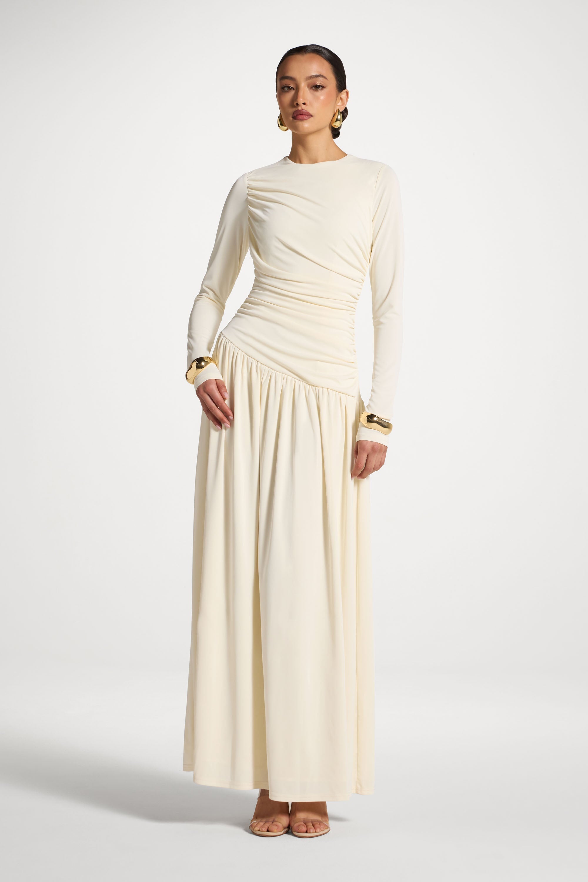 Asymmetrical Waist Rouched Maxi Dress - Ivory Abayas Veiled 