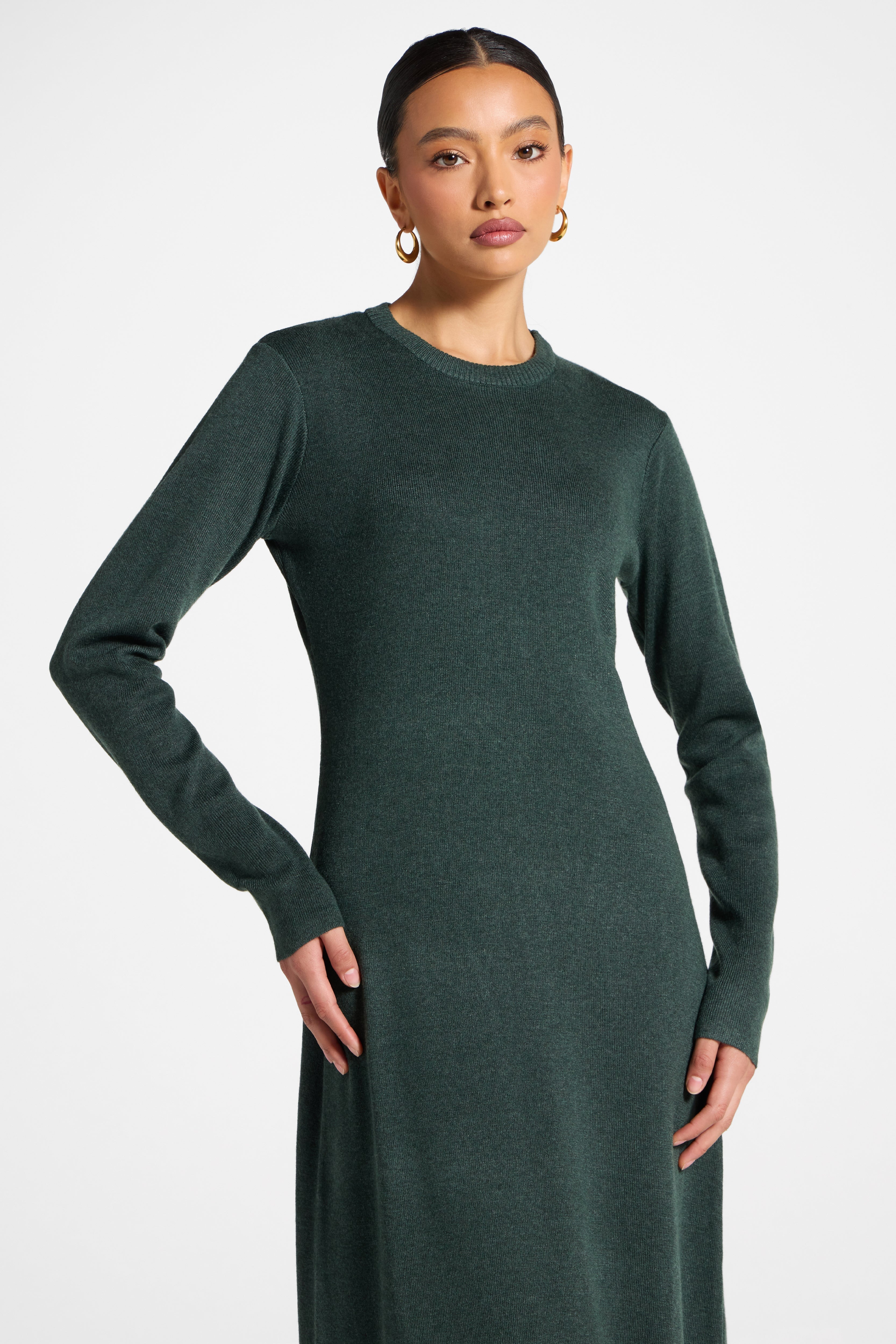 Basic Ribbed Knit Maxi Dress - Dark Forest Abayas Veiled 