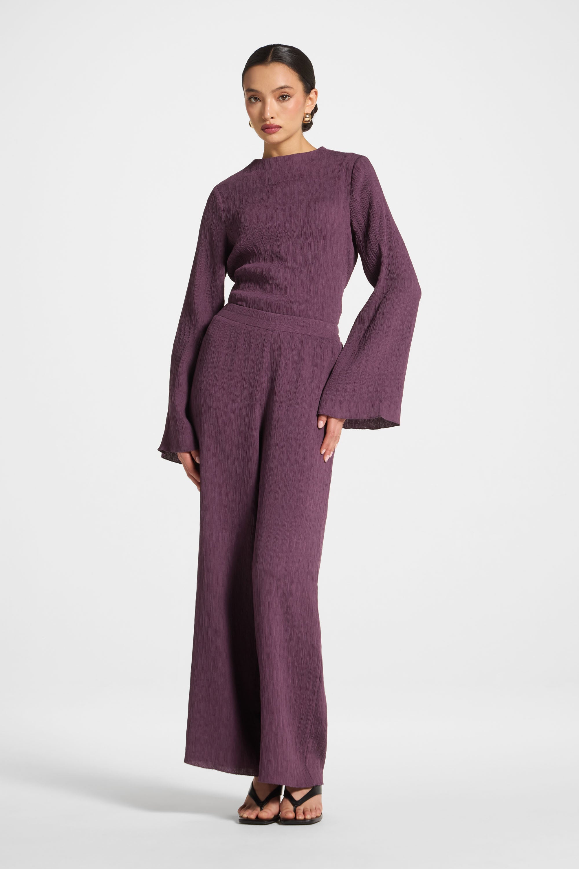 Textured Wide Leg Pants - Plum Abayas Veiled 