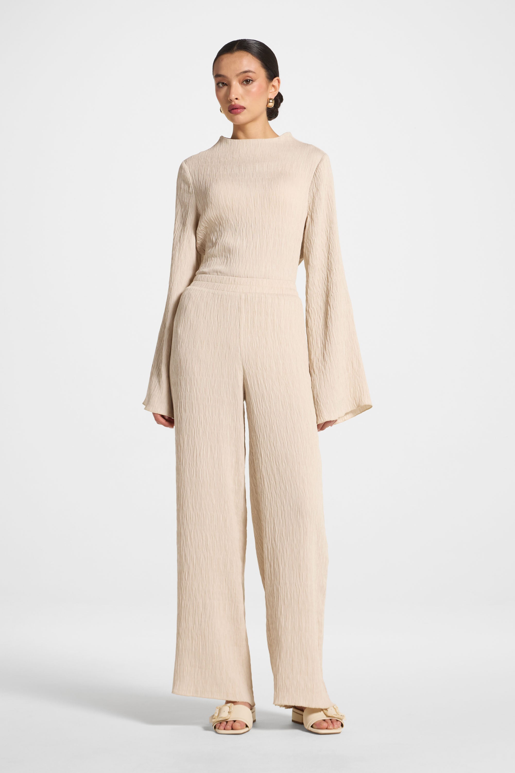 Textured Wide Leg Pants - Stone Abayas Veiled 