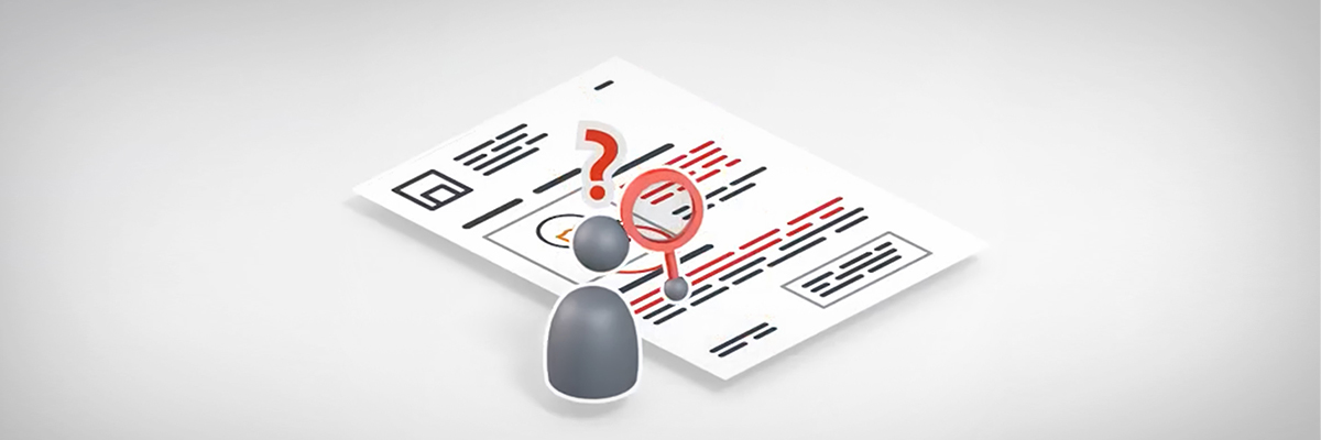 A figure looking at a document with a magnifying glass and a question mark above.
