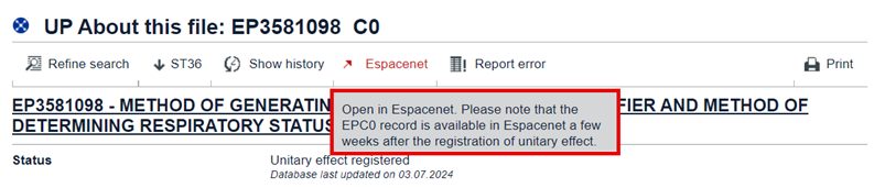 New Espacenet link tool tip in the UP Register.
