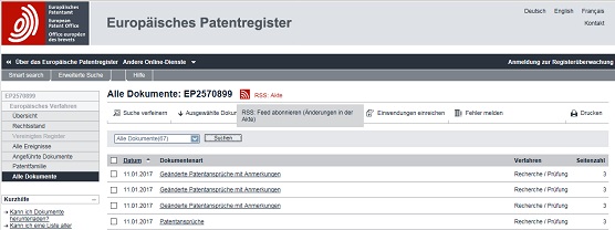 Screenshot from the European Patent Register