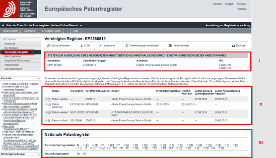 Screenshot from the European Patent Register