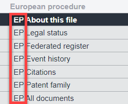 European Patent Register screenshot