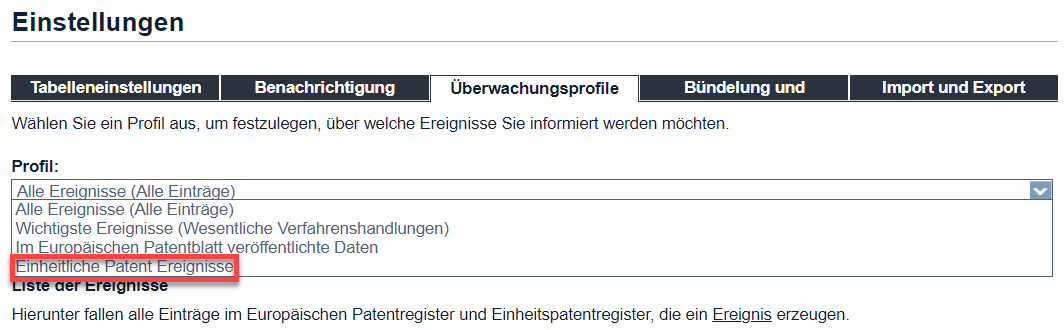 Bildschirmfoto aus dem europäischen patentregister