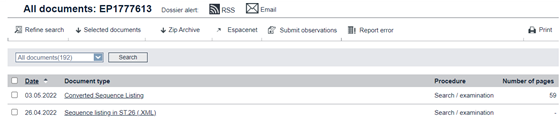 Screenshot from the European Patent Register
