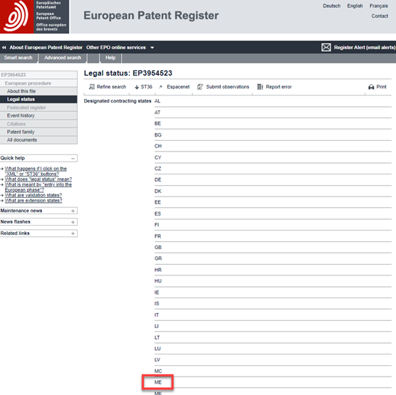 Legal status: Montenegro as a designated contracting state
