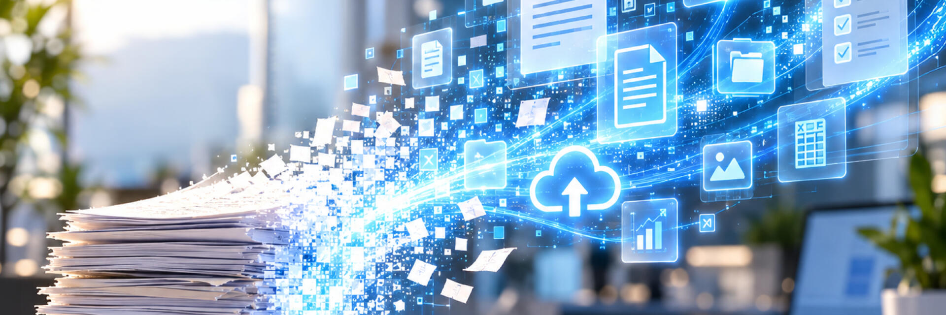 Stack of paper documents on a desk transforming into digital files and cloud-based records, illustrated by glowing electronic document, notification and upload icons, symbolising the transition to a fully digital and paperless patent granting process.