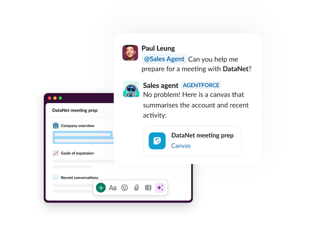 A chat with an agent shows a prompt and an offered canvas.