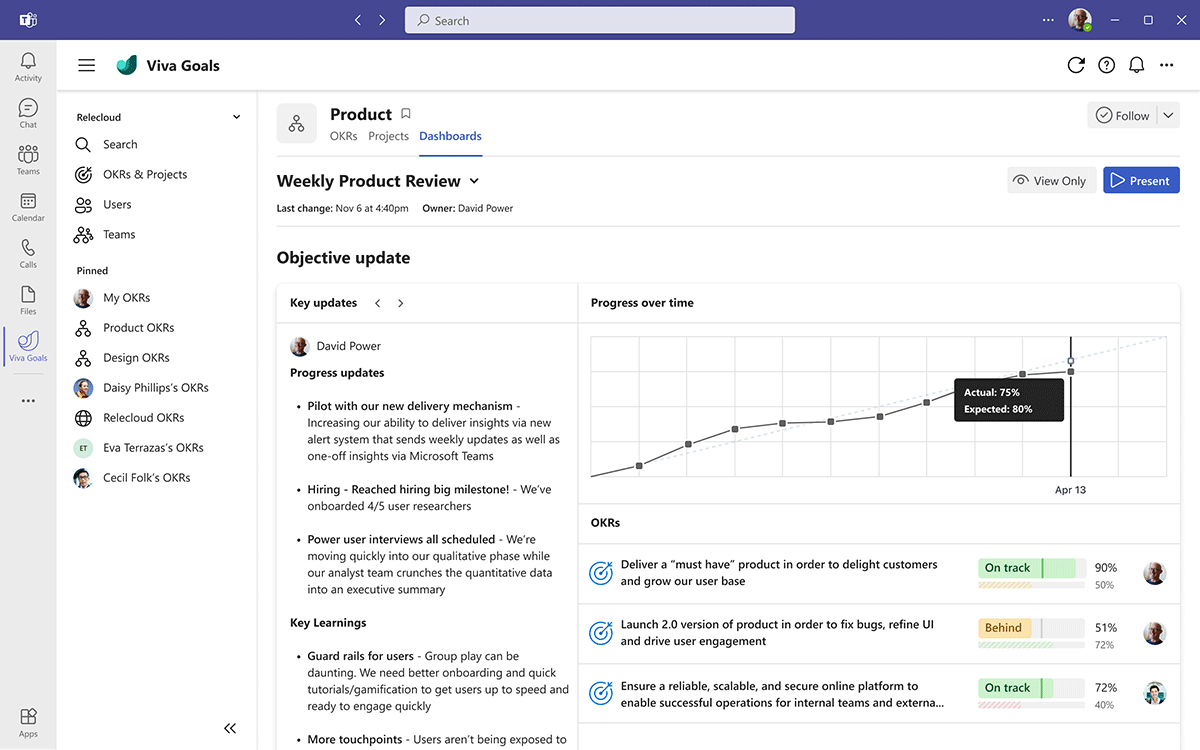 Viva-Schermata degli obiettivi Screenshot of Microsoft Viva Goals