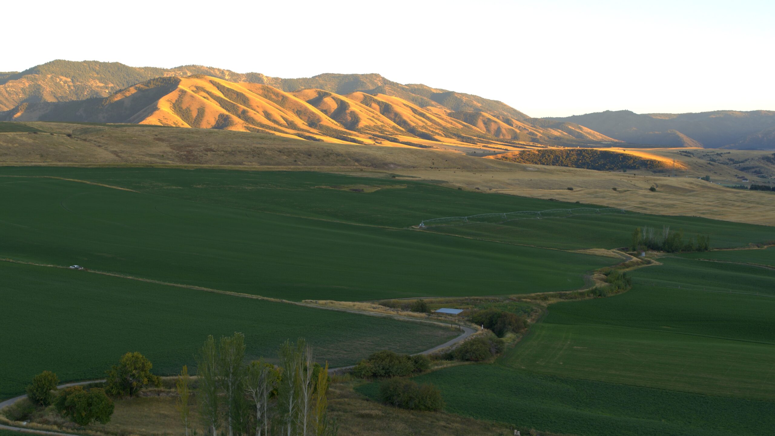 shaded agricultural land lays at the foothills of larger mountains which are being hit with the sun