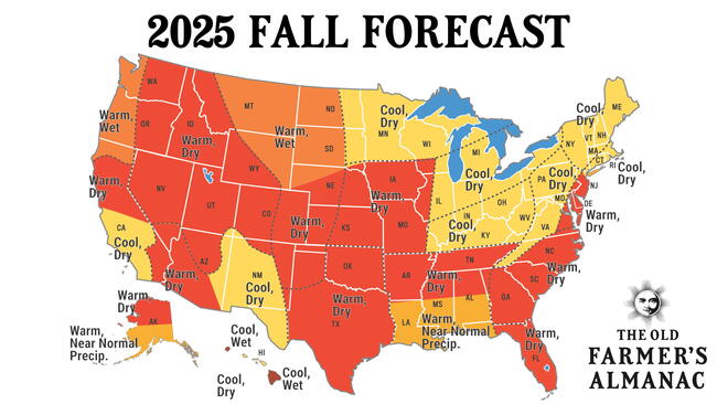 2025 fall forecast map from the Old Farmer's Almanac