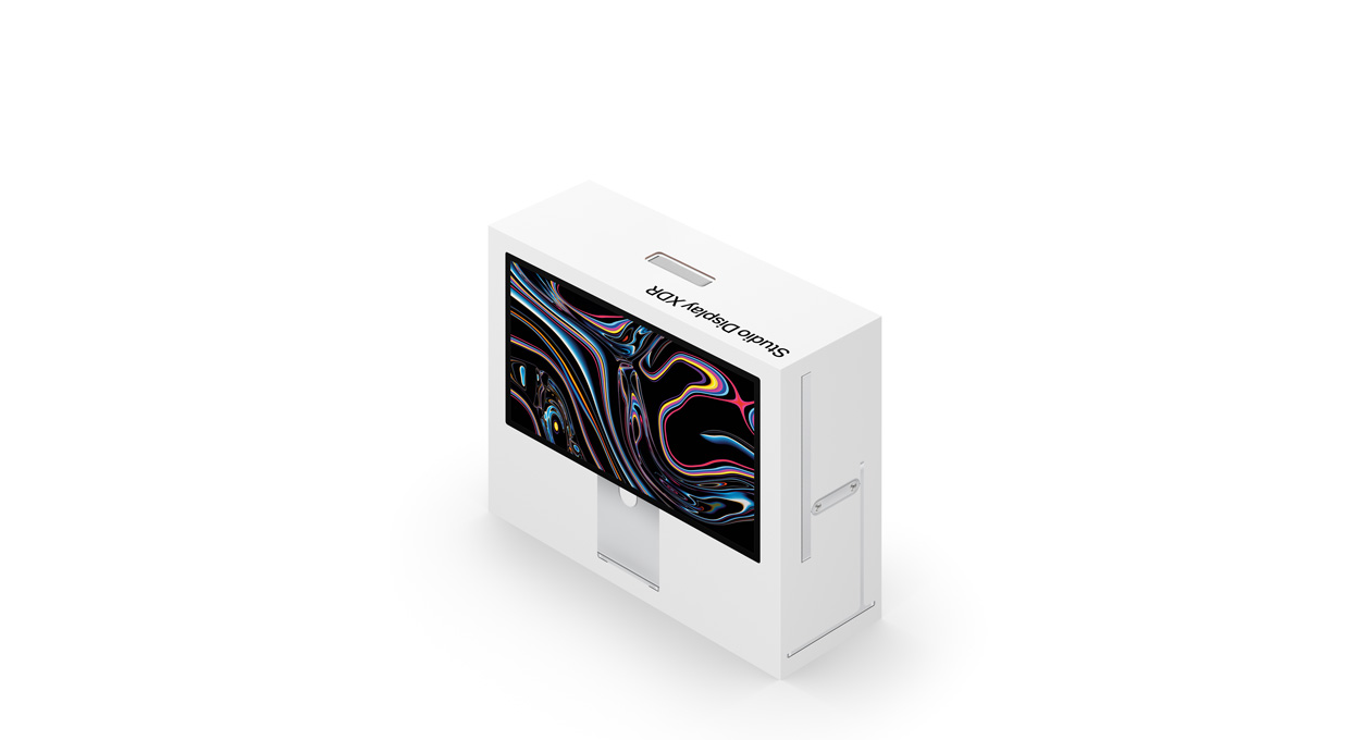 Studio Display XDR Verpackungskarton, weiß, Produktbild auf der Außenseite