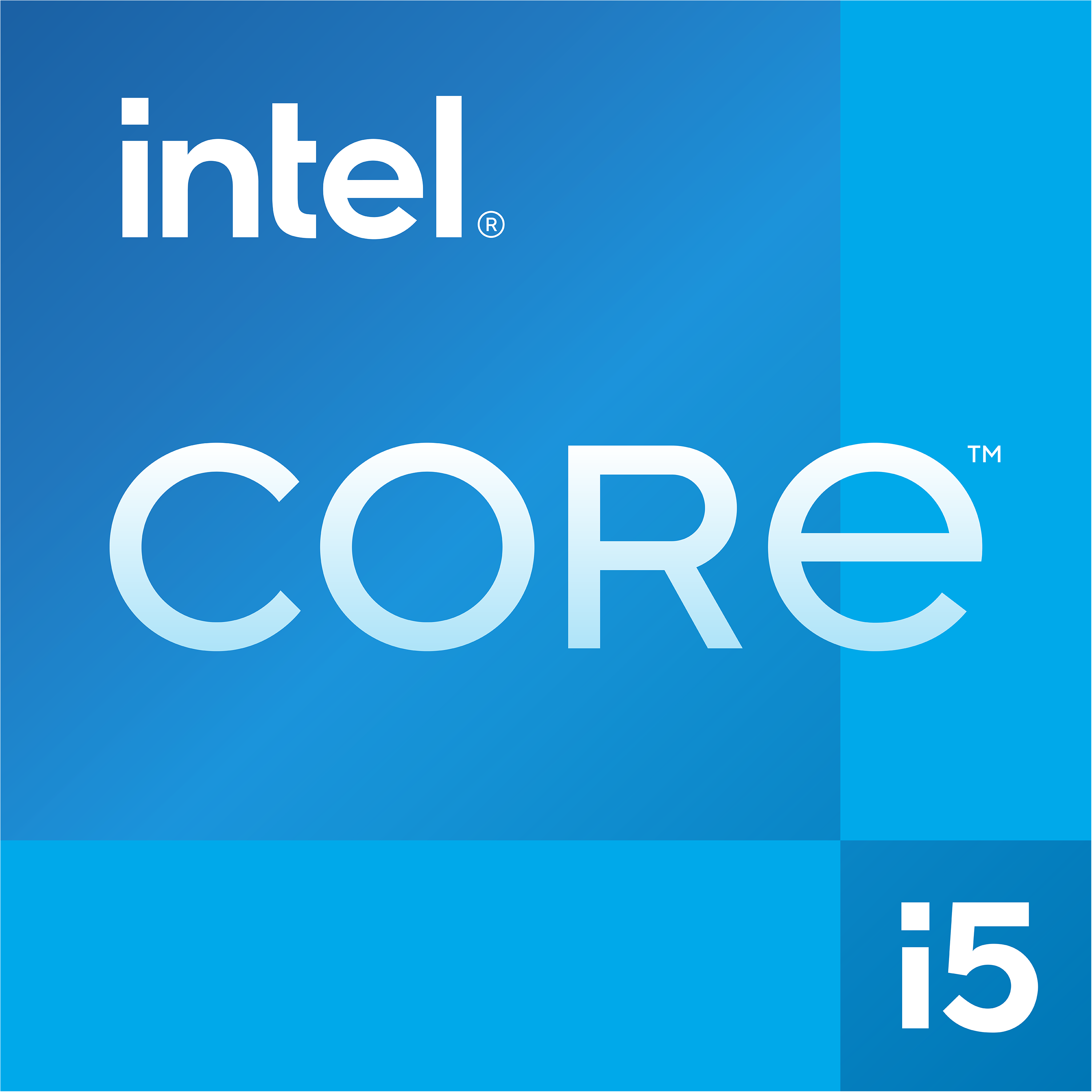 Logotipo Intel Core i5, fondo azul, con texto blanco.
