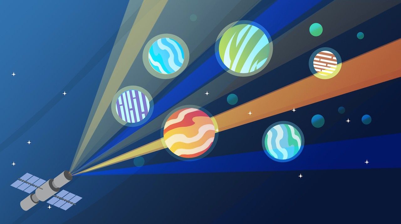 Artist's illustration of a space telescope and exoplanets