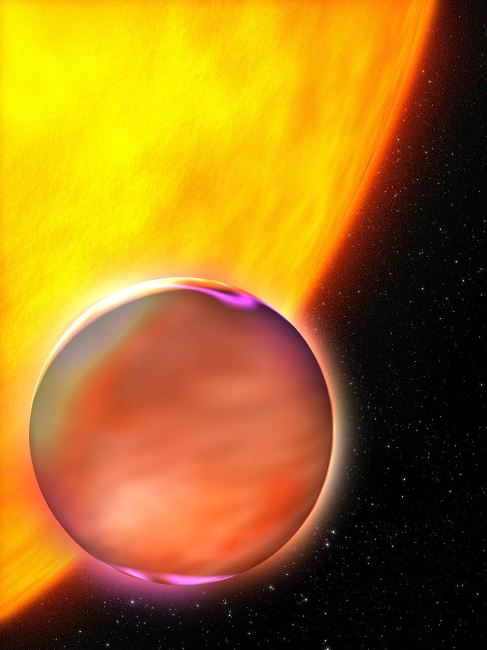 The left/upper-left of the image is taken up by a portion of the burning orange-and-yellow star, while the right/lower right shows the blackness of space with dots of white stars. In the foreground at the center-to-lower-left is a planet with swirling pinkish-orange clouds.
