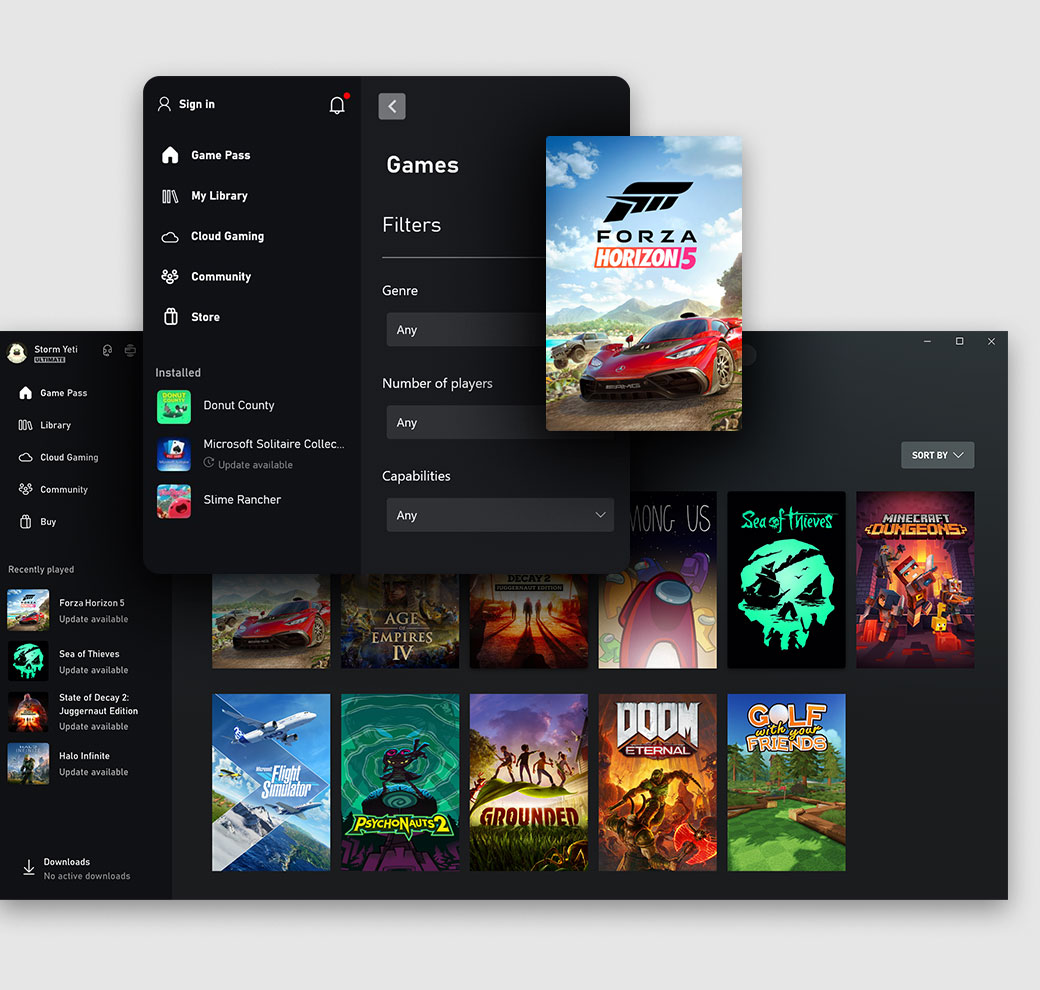 Xbox PC app user interface showing the store tab