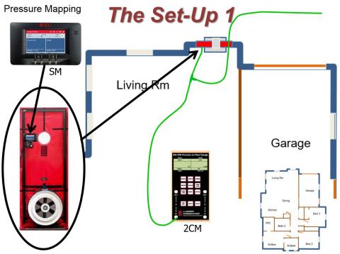 To test house-to-garage airtightness, first set up the blower door kit with the smart manometer in the blower door