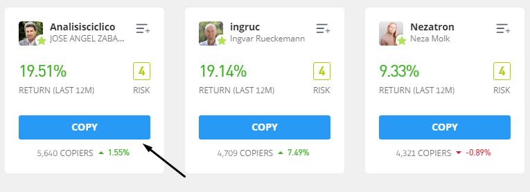 выберите человека для копирования на бэкэнд etoro