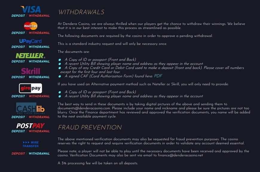 Withdraw Winnings at Dendera Casino