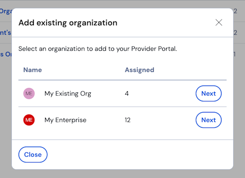 Select Existing Organization
