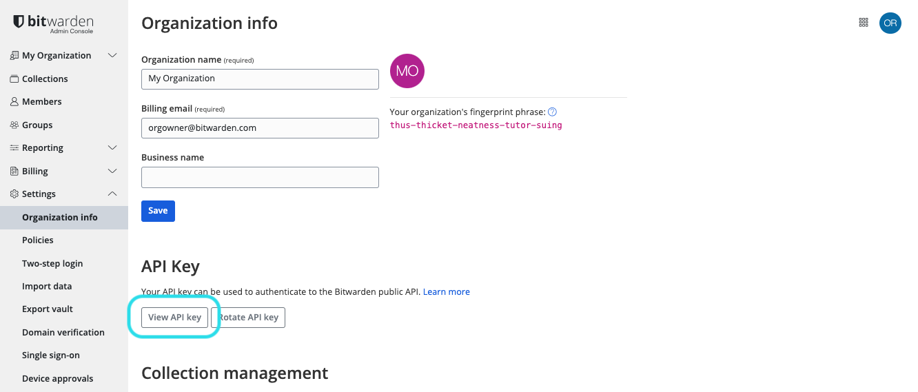 Get organization API key