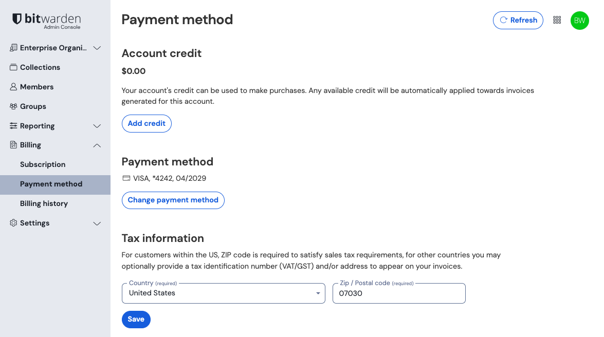 Organization payment method