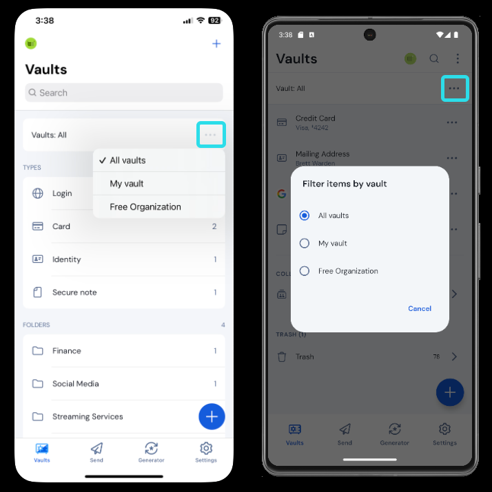 Filter vaults on mobile
