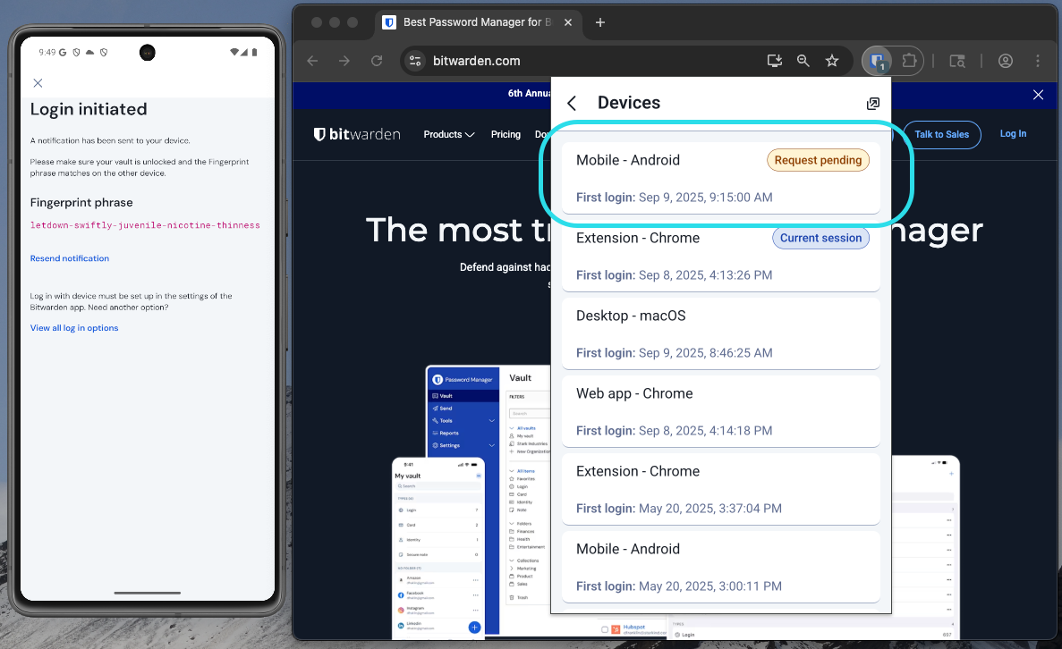 Devices list on browser extensions