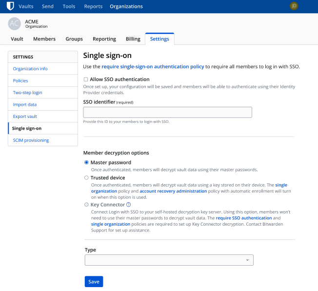 The SSO selection window for Bitwarden Password Manager later this quarter. - The SSO selection window for Bitwarden Password Manager later this quarter.