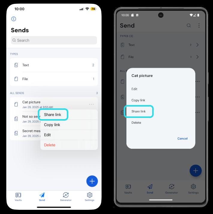 Share a send on mobile