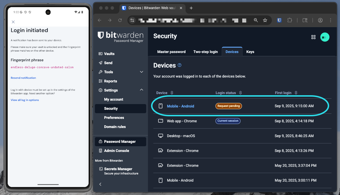 Device list on web app