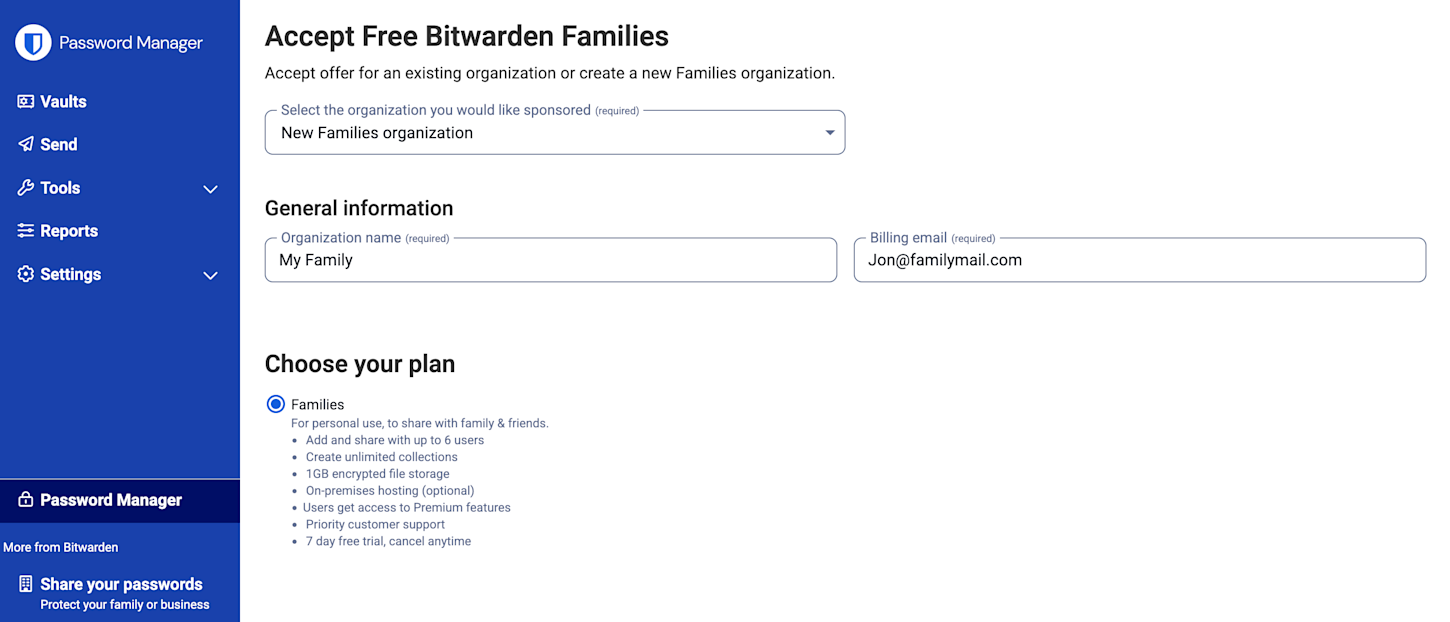 Accept free Bitwarden families