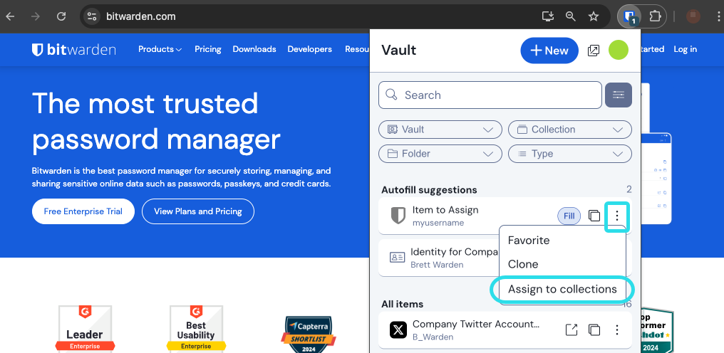 Browser extension assign to collections