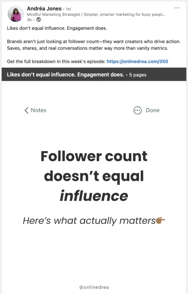 LinkedIn carousel catchy first slide with text Follower count doesn't equal influence