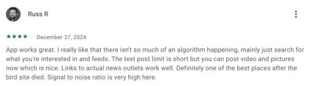 Bluesky 4 star review good app no algorithm