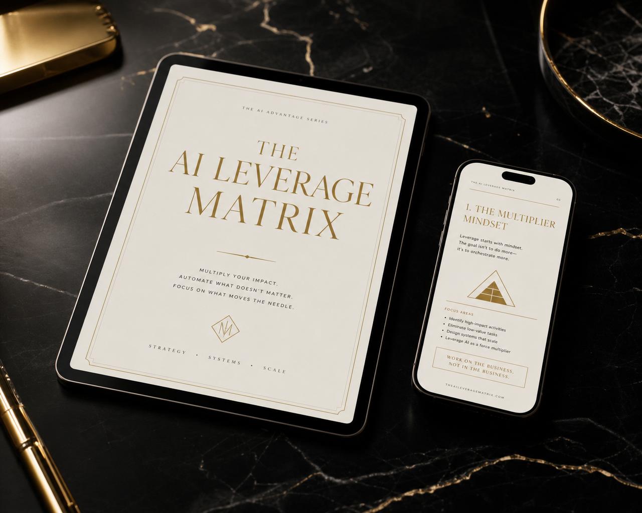 The AI Leverage Matrix guide displayed on tablet and phone