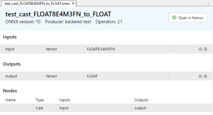 Fig.8. Input and output parameters of the model test_cast_FLOAT8E4M3FN_to_FLOAT.onnx in MetaEditor Fig.8. Input and output parameters of the model test_cast_FLOAT8E4M3FN_to_FLOAT.onnx in MetaEditor