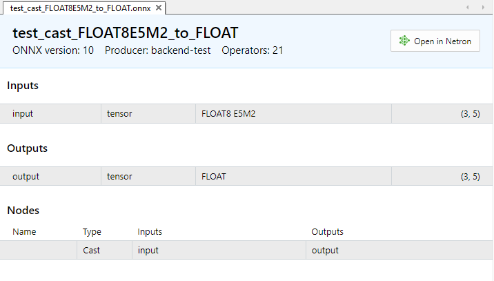 Fig.10. Input and output parameters of the model test_cast_FLOAT8E5M2_to_FLOAT.onnx in MetaEditor Fig.10. Input and output parameters of the model test_cast_FLOAT8E5M2_to_FLOAT.onnx in MetaEditor