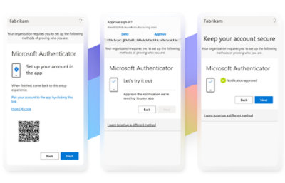 Trīs mobilie displeji rāda ātru un ērtu jauna konta iestatīšanu, izmantojot programmu Microsoft Authenticator.