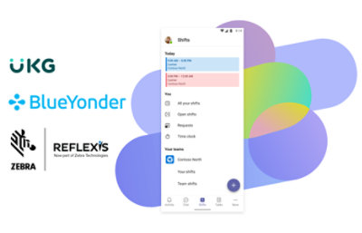 Los logotipos de UKG, BlueYonder y Zebra Reflexis y la aplicación Turnos en Teams.