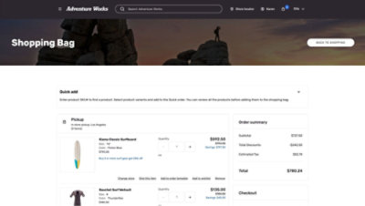 Adventure Works -ostossivu, jossa näkyy tuotetiedot, tilauksen yhteenveto, alennukset ja maksuvaihtoehdot