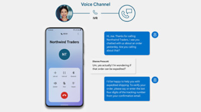 Schermata del telefono che mostra una chiamata con Northwind Traders per discutere l'accelerazione dell'ordine con l'immagine di un rappresentante del servizio clienti