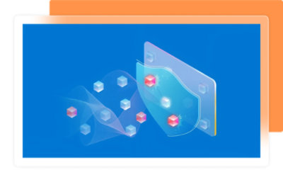 Tietokonenäyttö, jossa on kilpikuvake ja valkoisia sekä punaisia kuutioita sinisellä taustalla.